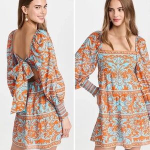 Alice + Olivia Orange Blue Rowen Long Sleeve Cotton Silk Babydoll Cutout Dress